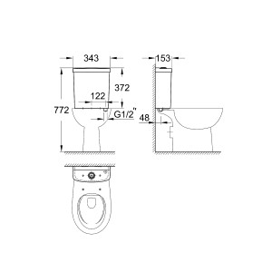 Schéma technique du réservoir apparent Grohe Bau Keramik avec dimensions.