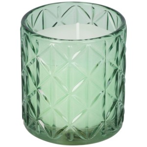 Citronella Duftkerze im grünen Glas mit Rautenmuster, sorgt für angenehme Atmosphäre.