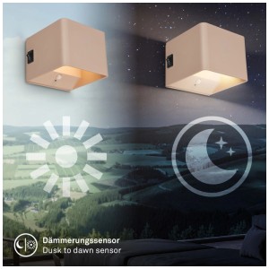 Applique murale beige Briloner Borra avec détecteur crépusculaire, design cubique. Idéale pour couloir et escalier.