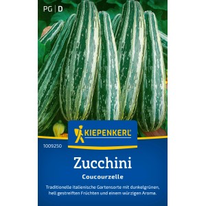 Graines de courgette Coucourzelle Kiepenkerl, allongée, rayée vert foncé et vert clair.
