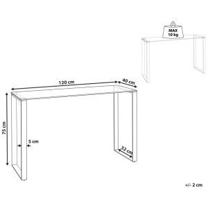 Schéma de la console Tilon, argentée, plateau en verre, dimensions 75x120x40cm, charge max. 10kg.