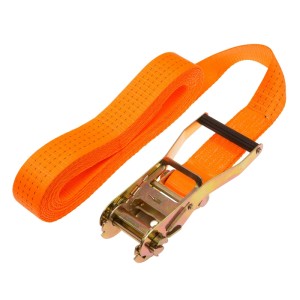 Sangle d'arrimage orange Conacord à cliquet, longueur 8 m, en polyester.