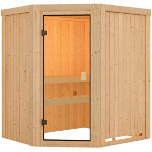 Sauna Karibu Faurin con ingresso ad angolo e porta in vetro bronzato. Sauna in legno massello per interni.