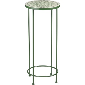 Table à plantes Bologna en fer vert, ronde, avec motif floral blanc sur le plateau. Pour jardin et balcon.
