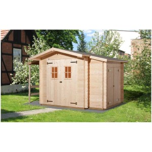 Casetta da giardino in legno Weka Bologna Plus non trattata con tetto a due falde e tettoia.