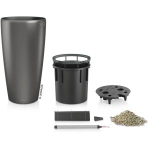 Pot de fleurs Lechuza Rondo Premium, Ø 32 cm, anthracite métallisé, avec accessoires et système d'arrosage.