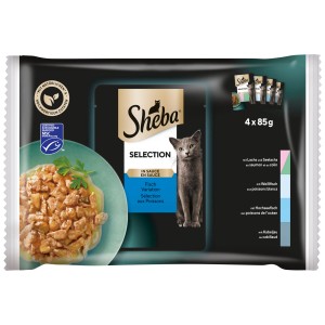 Sheba Selezione Pesce in Salsa, 4 x 85g, cibo umido per gatti con salmone, tonno, pesce oceanico e merluzzo.