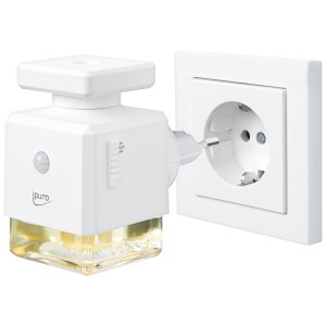 Diffuseur électrique blanc Ipuro Scent Plug-in branché sur une prise avec indicateur de niveau.