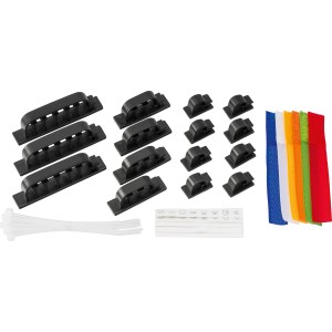 Kit de gestion de câbles 31 pièces avec serre-câbles, velcro et supports autocollants.