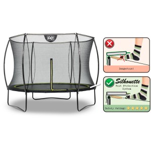 Trampolino EXIT Silhouette nero (D244cm) con rete di sicurezza e sistema di protezione del piede.