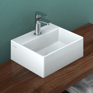 Vasque Domberg DB2004, 33,5x29,5 cm, blanc, avec robinet sur panneau en bois.