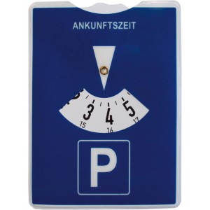 Parkscheibe aus Kunststoff, blau mit weißer Schrift und Parksymbol.