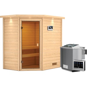 Sauna Woodfeeling Jella con stufa bio e corona a LED. Sauna in legno massello con ingresso ad angolo e porta in vetro bronzato.