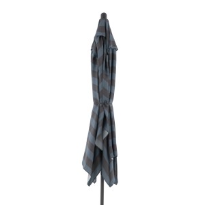 Zusammengebundener, blau-grau gestreifter Doppler Marktschirm MyZone 200x300 cm mit Kurbel.