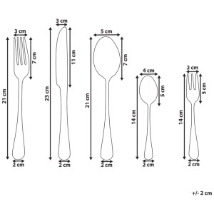 Dimensions du set de couverts Beliani Fusilli. Schéma: fourchette, couteau, cuillère, cuillère à café, fourchette à gâteau.