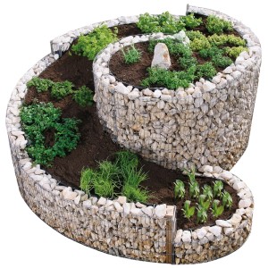 Grande spirale à herbes aromatiques en gabion (200x150x80-20cm) avec des plantes. Idéal pour le jardin.