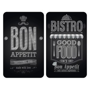 Copripiano cottura in vetro Wenko "Bon Appetit", set da 2, misura universale 30x52 cm, con motivo bistro.