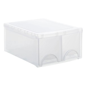 Transparente Frontbox mit 2 Schubladen zur Aufbewahrung, stapelbar und stabil.