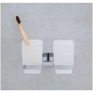 Porte-gobelets double Diaqua Quinto chromé avec deux verres satinés et une brosse à dents.