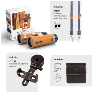 Goview Fernglas Zoomr 10x34 rubinrot mit Zubehör: Tasche, Gurt, Smartphone-Adapter.