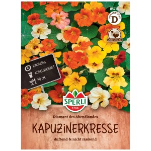 Sachet de graines de capucine 'Diamant du pays du soir' avec des fleurs colorées jaunes, oranges et blanches.