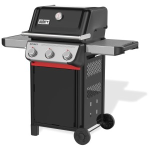 Schwarzer Weber Gasgrill Spirit E-315 mit drei Brennern und Seitentischen.