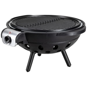 Barbecue elettrico nero Nouvel Globe con griglia rotonda e tre gambe.