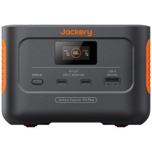 Jackery Powerstation Explorer 100 Plus: Accumulatore portatile con display e porte USB.