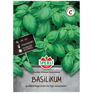 Sperli Semi di Basilico Grande Verde Genovese con foglie verdi sulla confezione.