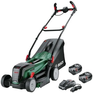 Tondeuse à batterie Bosch UniversalRotak 18V-37-550 avec batteries et chargeur.