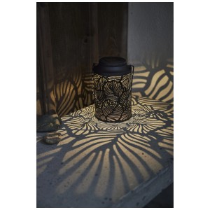 Lanterne solaire LED Leafy noire avec motif de feuilles, lumière blanche chaude pour l'extérieur.