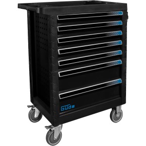 Chariot d'atelier noir Güde GW7 Black Line avec set d'outils 226 pièces et roulettes.