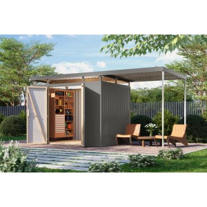 Abri de jardin en métal Karibu Argos 3 avec toit d'extension en aluminium gris, porte ouverte avec étagère.