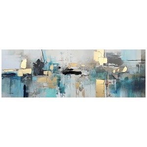 Quadro su tela dipinto a mano Clio, 30x90 cm, con forme astratte in blu, oro e grigio.