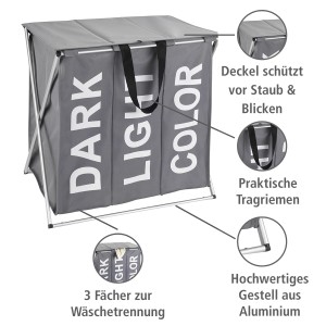 Cesto portabiancheria Wenko Trio grigio, 118L, con 3 scomparti per la separazione della biancheria e coperchio.
