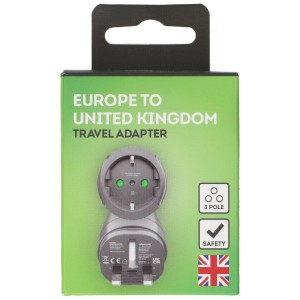 Q2 Power Reiseadapter Europa/UK in Verpackung. Zwischenstecker für Schuko- und Eurostecker.