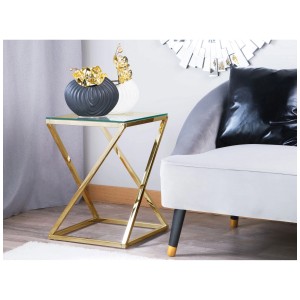 Elegante tavolino Beverly con piano in vetro e struttura in acciaio inox dorato.
