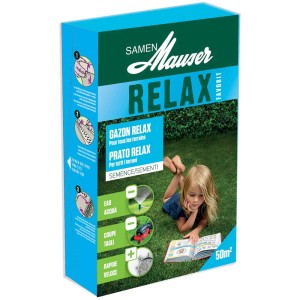 Saatgut Rasen Relax 1 kg: Verpackung mit Kind auf Rasen. Pflegeleichter Rasensamen für einen entspannten Garten.
