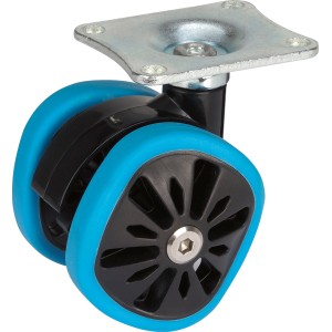 Design-Doppelrolle blau, 4er-Set: Lenkrolle mit eckigem Rad, Stahlgehäuse, Kunststoffrolle.