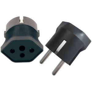 Adaptateur fixe Schuko Type13 noir, 3 pôles, pour connecter des appareils avec des fiches suisses à des prises Schuko.