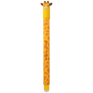 Gelber Eberhard Faber Gelschreiber mit Giraffen-Motiv und blauer, radierbarer Tinte.
