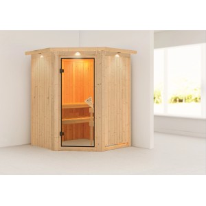 Sauna Karibu Lyra con corona LED, legno naturale, ingresso ad angolo con porta in vetro e panche.