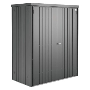 Armadio da giardino Biohort taglia 150, grigio scuro metallizzato, con doppia porta e serratura a cilindro.