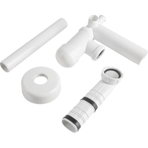 Siphon gain de place Prevex, blanc, avec raccord machine à laver et trop-plein, pour lavabos.
