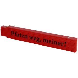 Roter Gliedermassstab, 2 m lang, zusammengeklappt mit witzigem Spruch. Ideal zum Messen und als Geschenk.