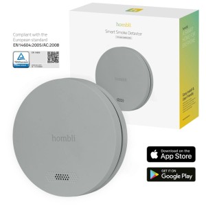 Grauer Hombli Smart Rauchmelder mit 10 Jahren Batterielaufzeit und App-Benachrichtigung.