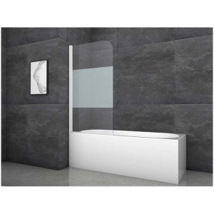 Paroi de baignoire pliante Aurlane White Classic, 1 volet, verre transparent avec écran de confidentialité sur baignoire blanche.