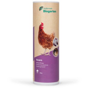 Acaro anti-acariens en carton avec poule, pour la lutte biologique contre les parasites.