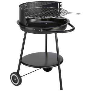 Barbecue rond à charbon noir avec pare-vent et grille de maintien au chaud, mobile grâce à ses roulettes.