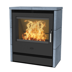 Cuisinière Fireplace noire avec habillage en stéatite et feu de bois.
